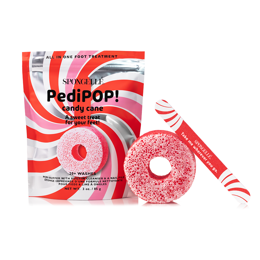 Candy Cane-shaped Pedi Buffer and Nail File from Spongellé's Holiday PediPOP! collection, featuring festive red and white design.