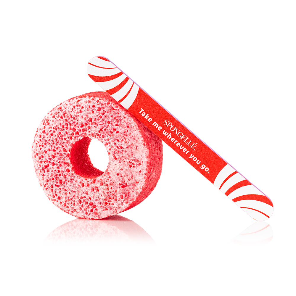 Spongellé Candy Cane Pedi Buffer and Nail File set for holiday-themed foot care and nail grooming.