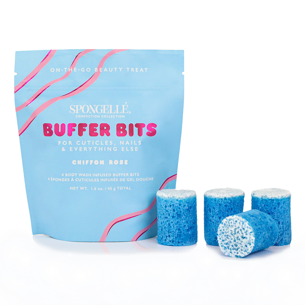 Spongellé Chiffon Rose Pedi Buffer with Confection Buffer Bits, pink textured exfoliating foot care tool.