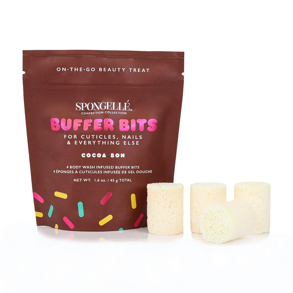 Spongellé Cocoa Bon Pedi Buffer with confection buffer bits for gentle exfoliation and smooth skin during pedicure.