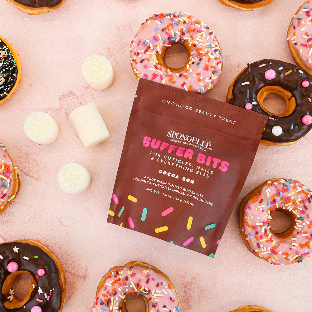Spongellé Cocoa Bon Pedi Buffer with textured surface for gentle exfoliation and skin smoothing.