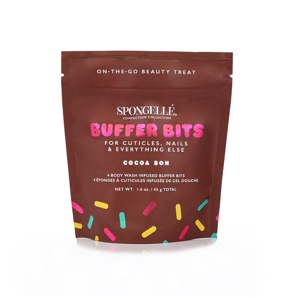 Spongellé Cocoa Bon Pedi Buffer with confection buffer bits for gentle exfoliation and smooth skin.