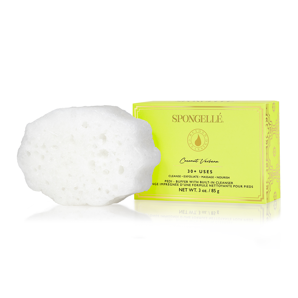 Spongellé Coconut Verbena Pedi Buffer for exfoliating and softening feet with a natural coconut and verbena scent.