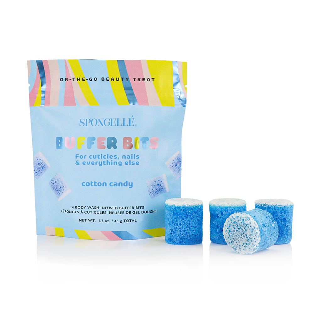Spongellé PediPOP! Cotton Candy Pedi Buffer Bits for smoothing and exfoliating feet, featuring soft cotton candy-inspired design.
