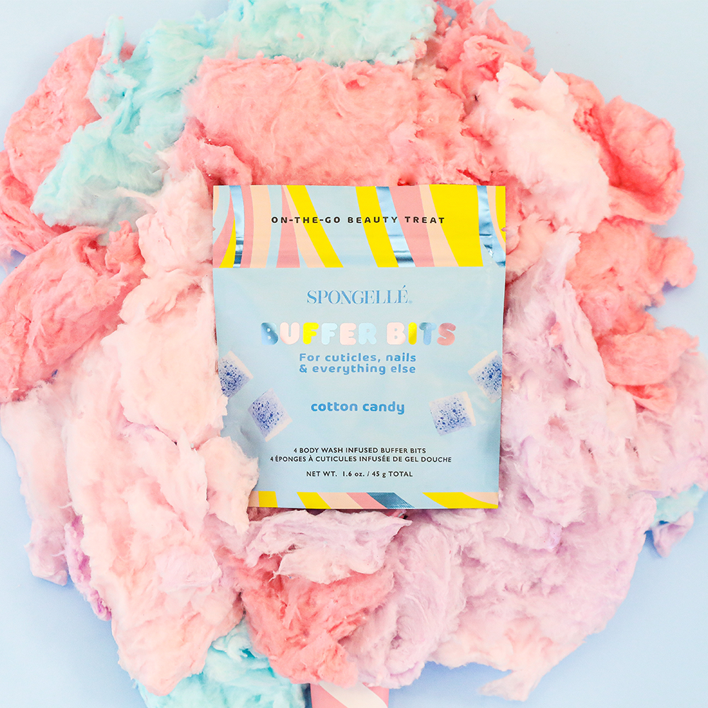 Spongellé PediPOP Cotton Candy Pedi Buffer Bits for soft, smooth feet in a fun cotton candy design