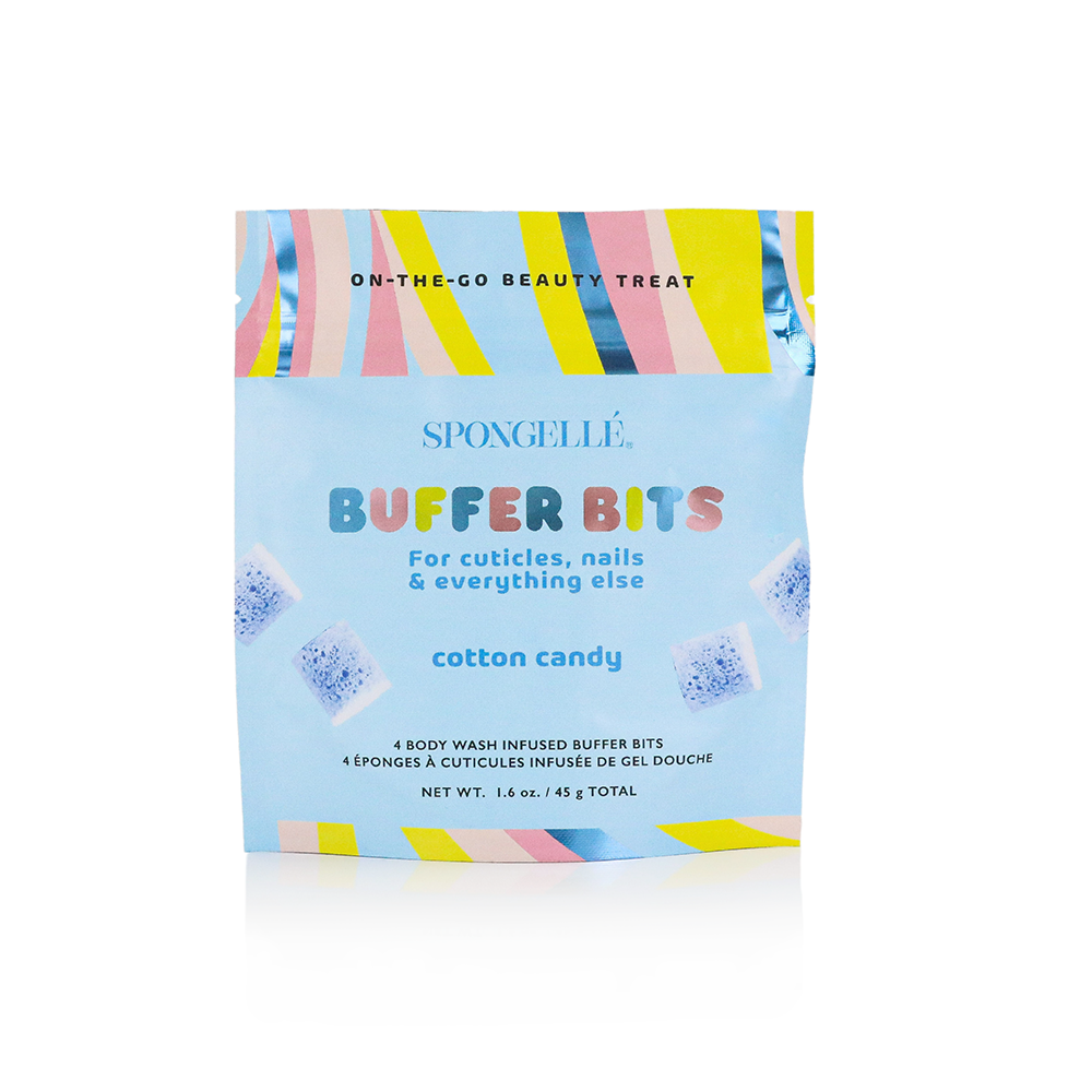 Spongellé PediPOP! Cotton Candy Pedi Buffer Bits for smooth, soft feet with colorful cotton candy design and textured surface.