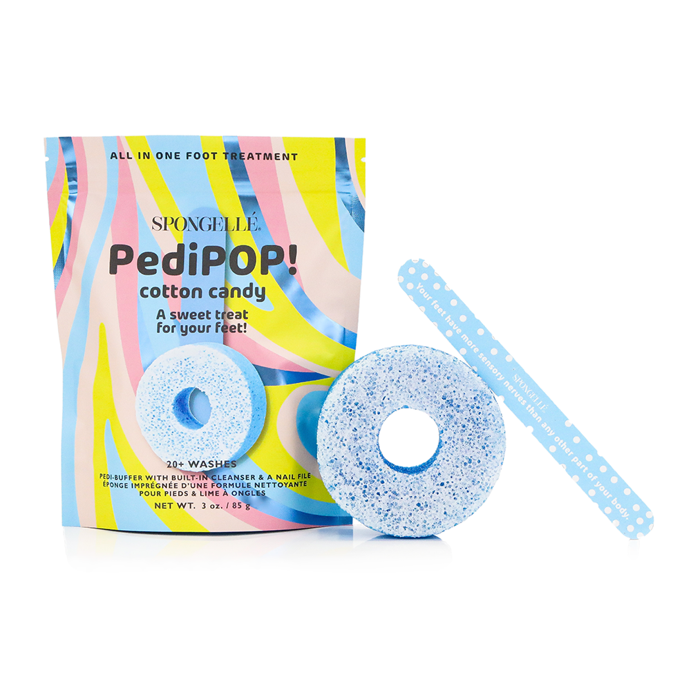 Spongellé PediPOP! Cotton Candy Pedi Buffer and Nail File for smooth, soft feet and nails, featuring colorful cotton candy design.