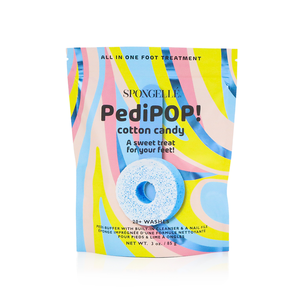 Spongellé PediPOP! Pedi Buffer and Nail File with Cotton Candy scent, soft pink buffer for smooth pedicures and nail care.