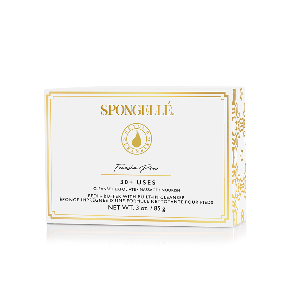 Spongellé Freesia Pear Pedi Buffer with textured surface for gentle foot exfoliation and smooth skin.