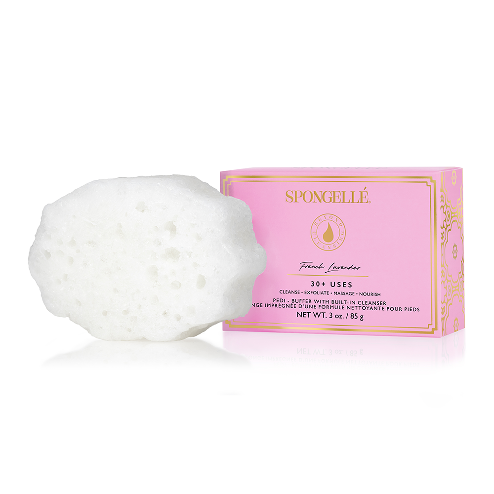 Spongellé French Lavender Pedi Buffer showing a textured pink foot scrubber for gentle exfoliation.