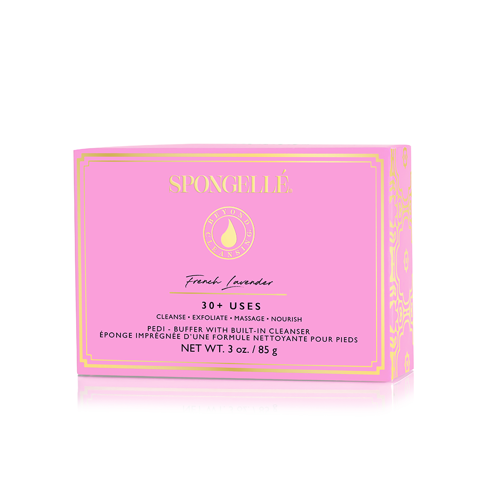 Spongellé French Lavender Pedi Buffer showing a textured pink exfoliating tool for foot care.