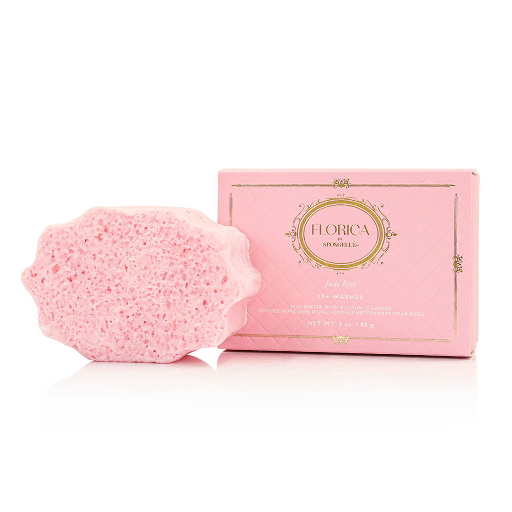 Spongellé Jude Rose Pedi Buffer, a pink and white foam buffer for manicures and pedicures with floral design and brand logo