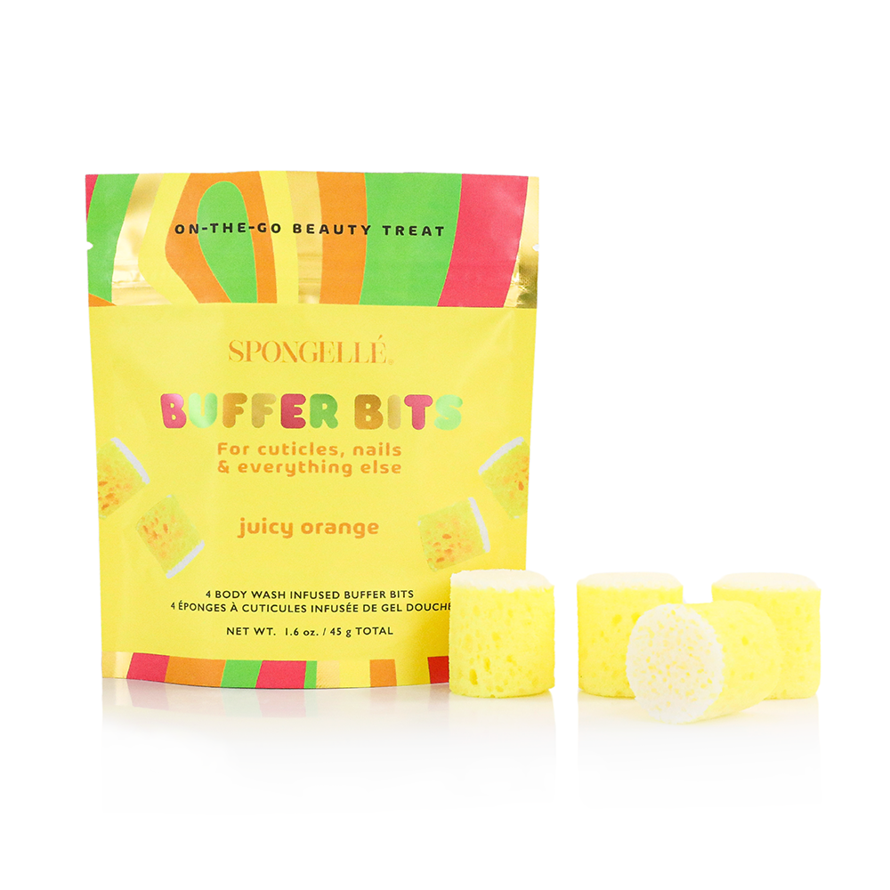 Spongellé PediPOP! Juicy Orange Pedi Buffer Bits for smooth, exfoliated feet, featuring vibrant orange packaging.