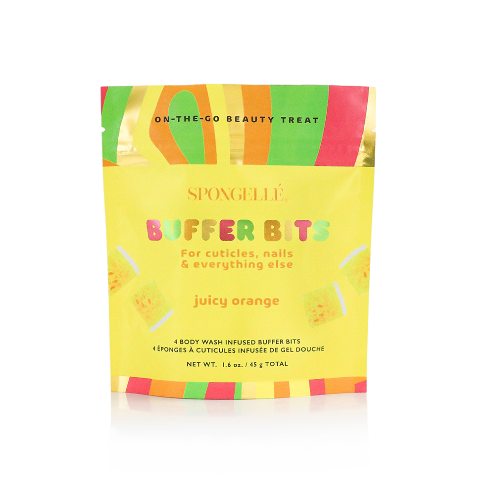 Spongellé PediPOP! Juicy Orange Pedi Buffer Bits for smooth, exfoliated skin with vibrant orange scent and textured surface.