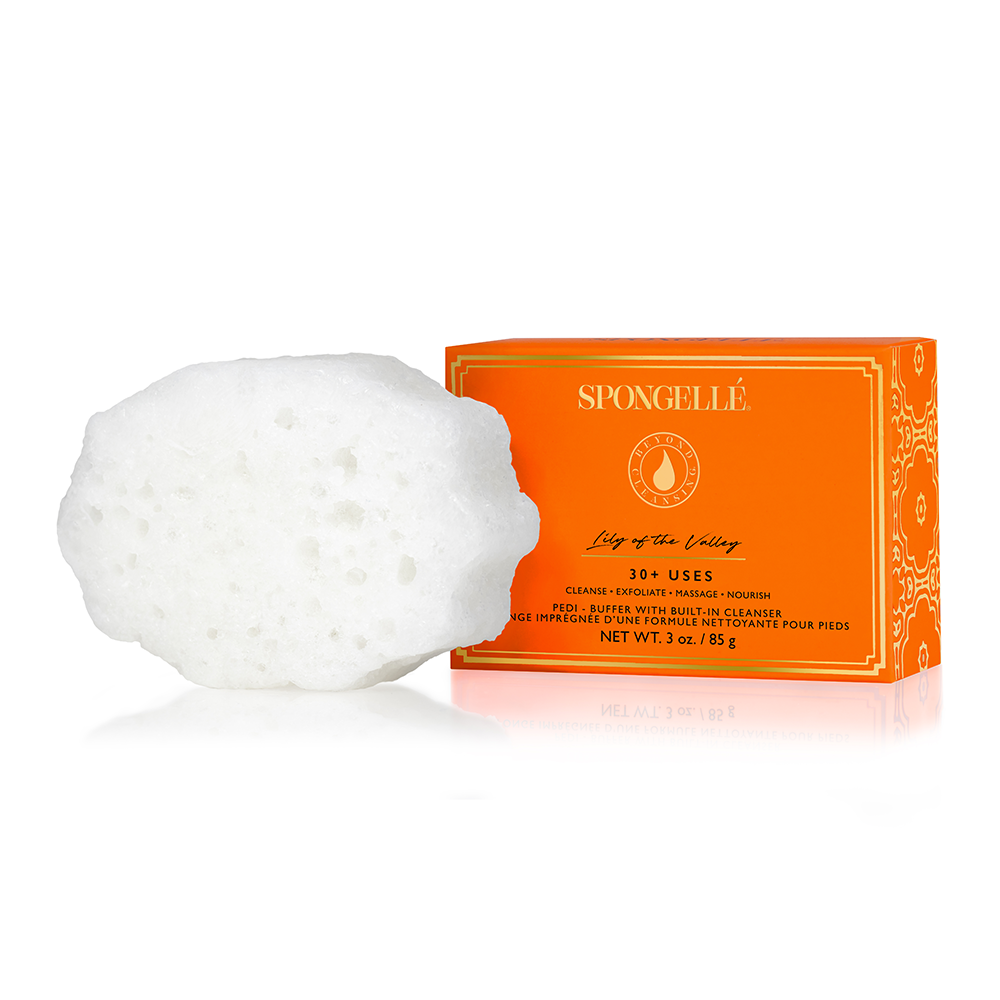 Spongellé Lily of the Valley Pedi Buffer for smooth, exfoliated feet with floral scent, designed for gentle foot care.