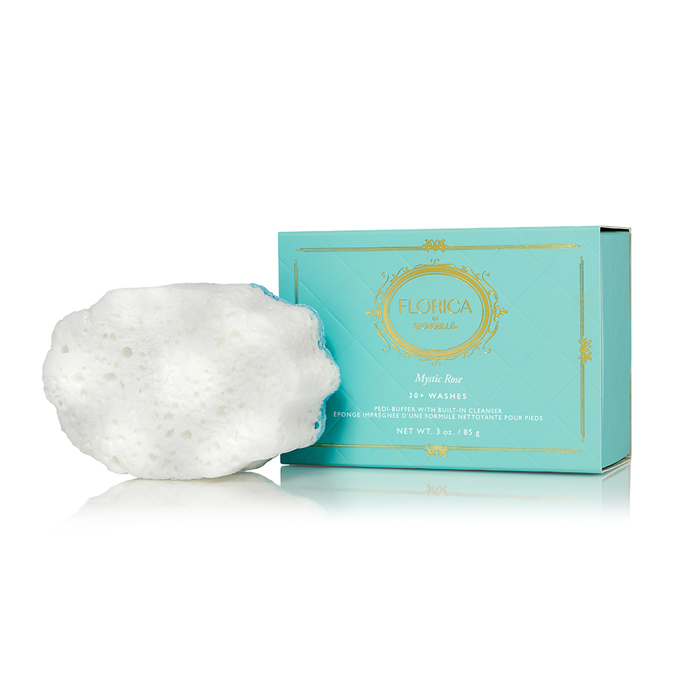 Spongellé Mystic Rose Pedi Buffer from Florica with pink and white textured surface for gentle foot exfoliation