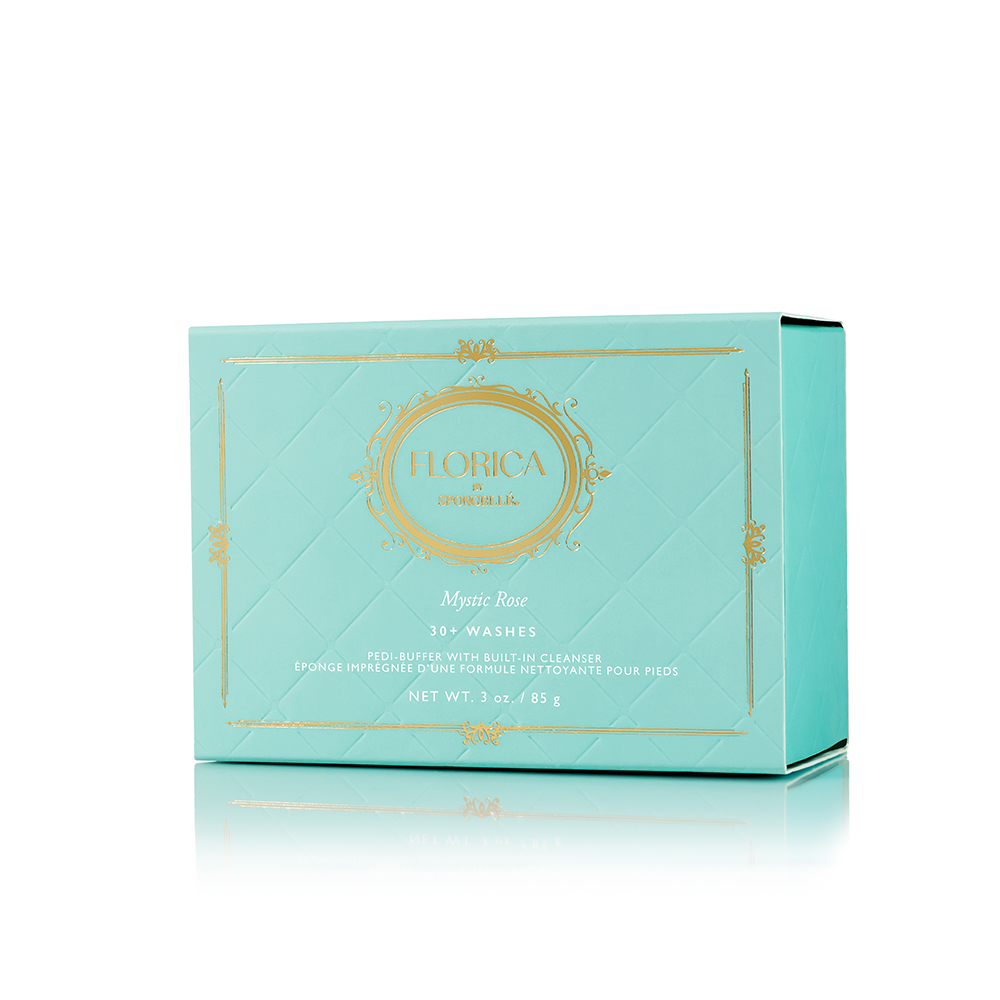 Spongellé Mystic Rose Pedi Buffer by Florica, designed for gentle exfoliation and smooth foot care in a compact, floral-themed package.