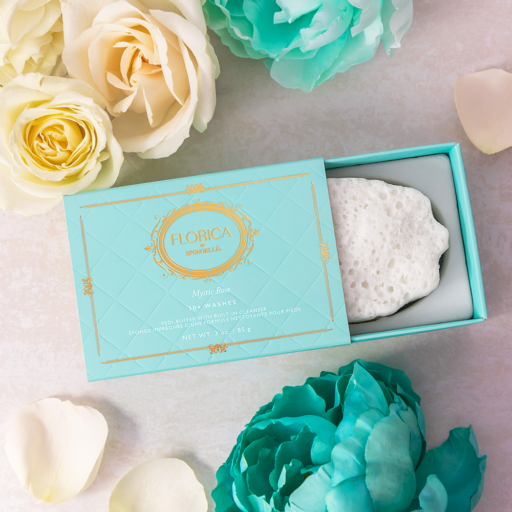 Spongellé Mystic Rose Pedi Buffer by Florica, a hand-held exfoliating tool with rose-scented buffer for smooth feet.