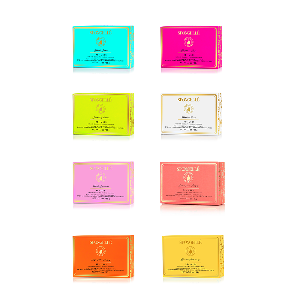 Spongellé Pedi Buffer Assorted Pack showing multiple colorful pedicure buffers for smooth skin care.