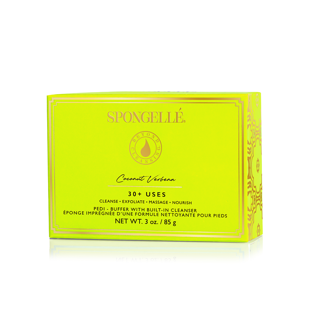 Assorted pack of Spongellé Pedi Buffers showing different textured surfaces for foot exfoliation and smoothing.
