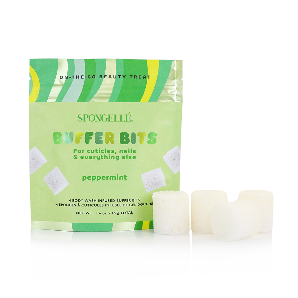Spongellé PediPOP! peppermint buffer bits, a pedicure buffer with peppermint scent for smooth, refreshed feet.