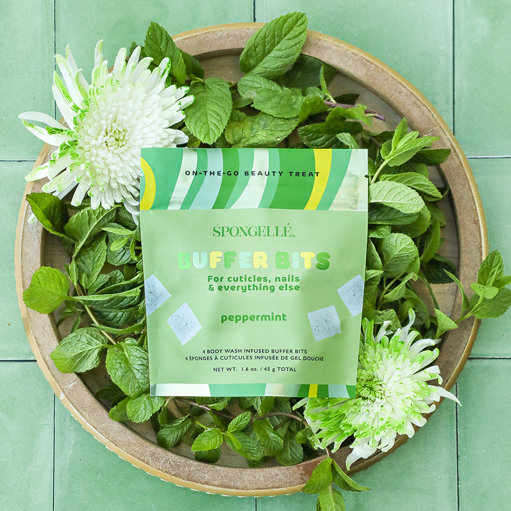 Spongellé PediPOP! peppermint Pedi Buffer Bits for smoothing and exfoliating feet, featuring a refreshing peppermint scent.
