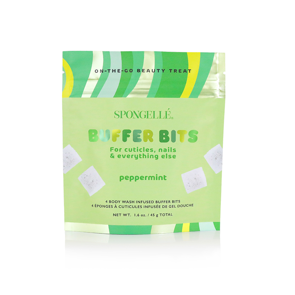 Spongellé PediPOP! Peppermint Pedi Buffer Bits for exfoliating and buffing feet, featuring peppermint scent and textured surface.