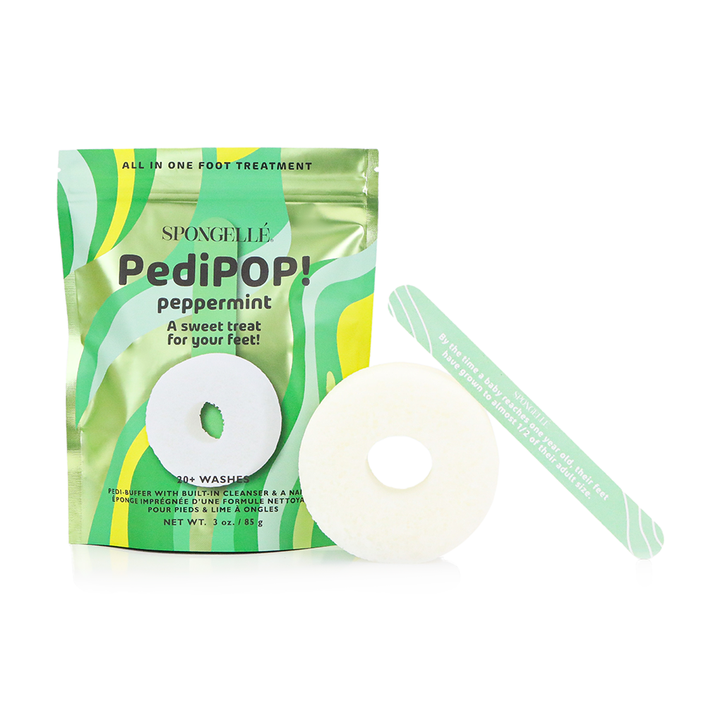 Spongellé PediPOP! peppermint Pedi buffer and nail file for smoothing and exfoliating feet and nails.
