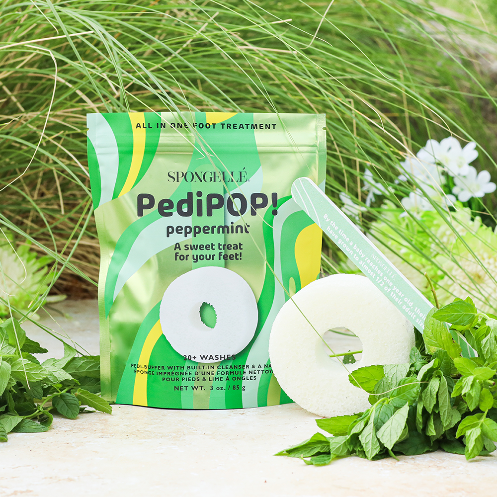 Spongellé PediPOP! peppermint Pedi buffer and nail file for smooth, refreshed feet and nails.