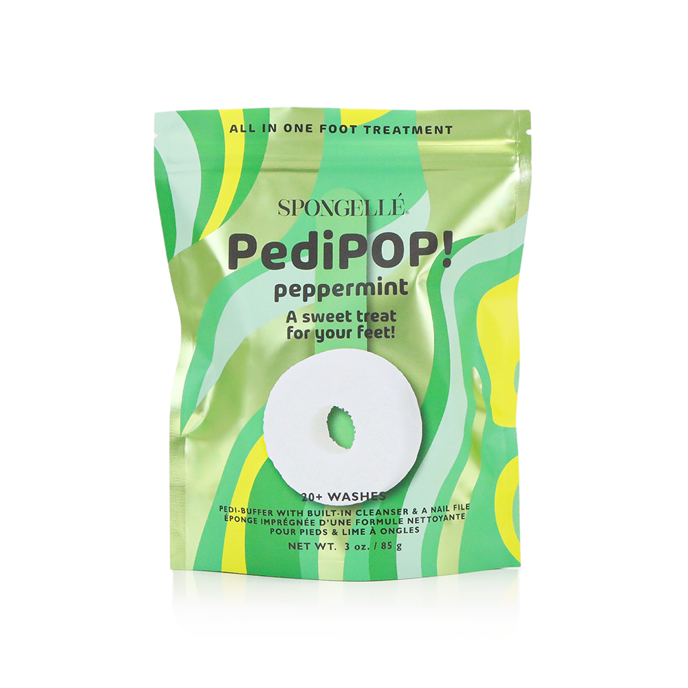 Spongellé PediPOP! peppermint Pedi buffer and nail file for gentle foot care and exfoliation.