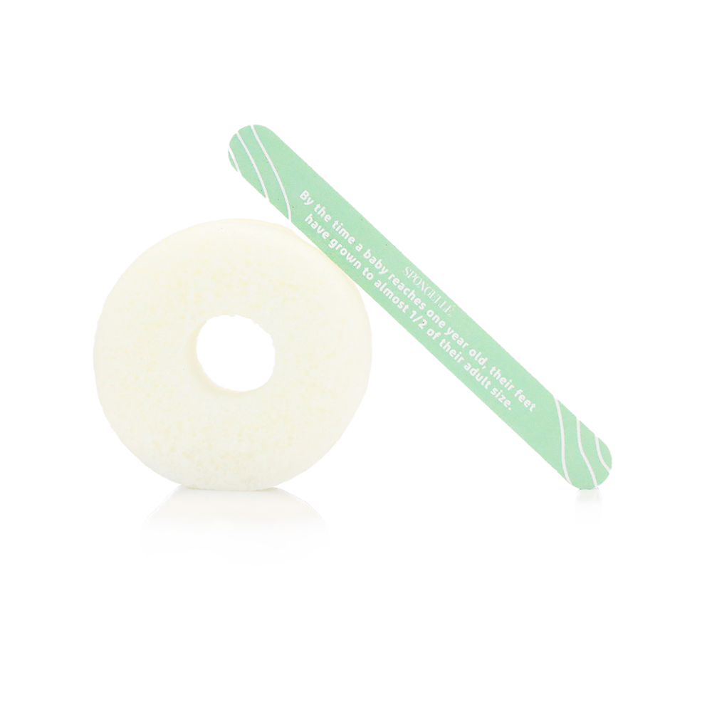 Spongellé PediPOP! peppermint Pedi buffer and nail file for smooth, refreshed feet and nails, featuring peppermint scent and textured surface.