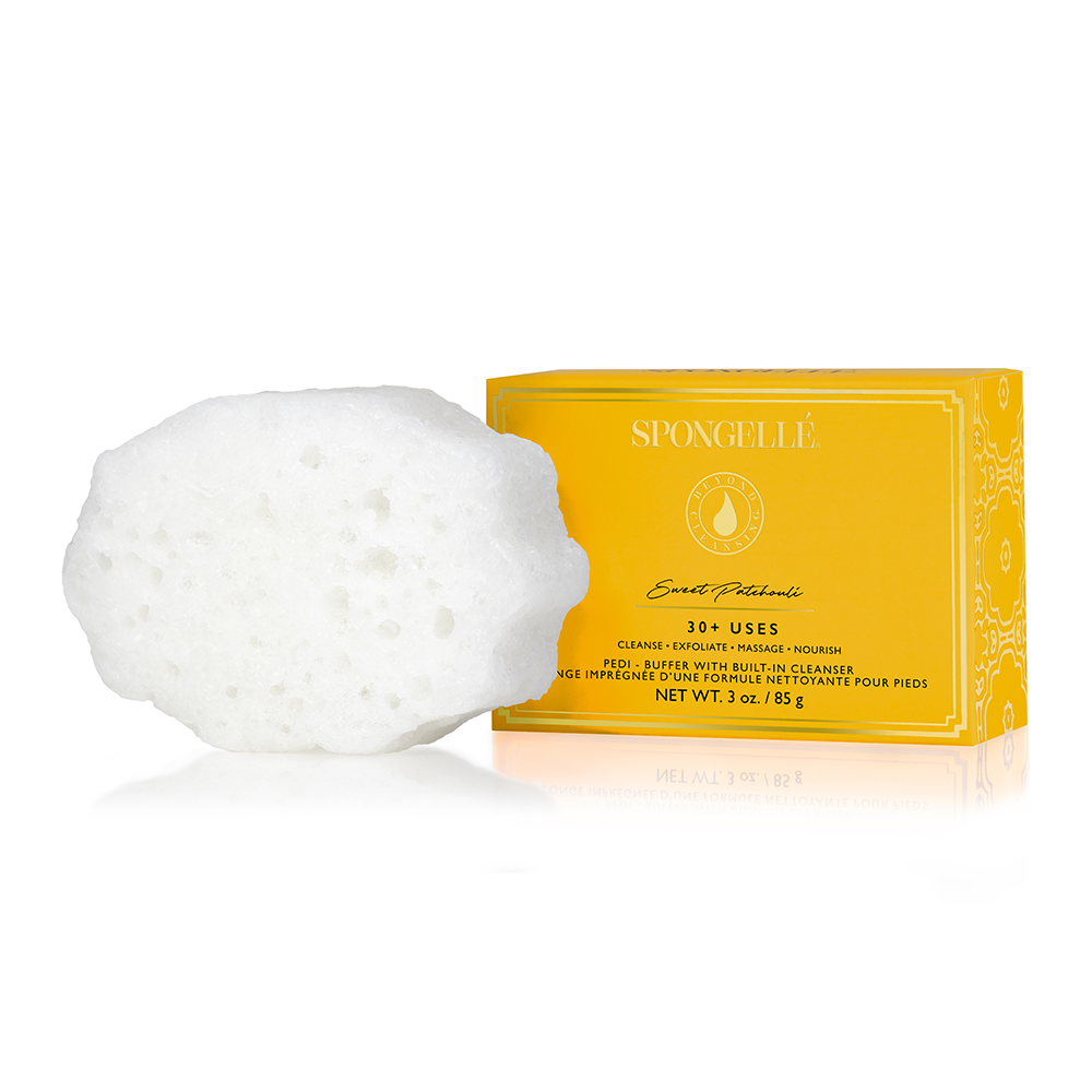Spongellé Sweet Patchouli Pedi Buffer with textured surface for gentle foot exfoliation and moisturizing care.