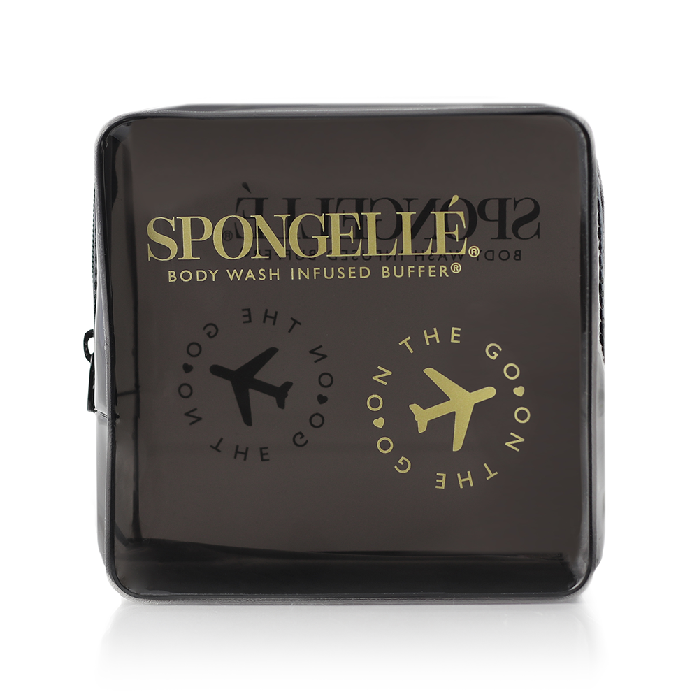 Black Spongellé travel case with compact, durable design for storing toiletries and travel essentials.