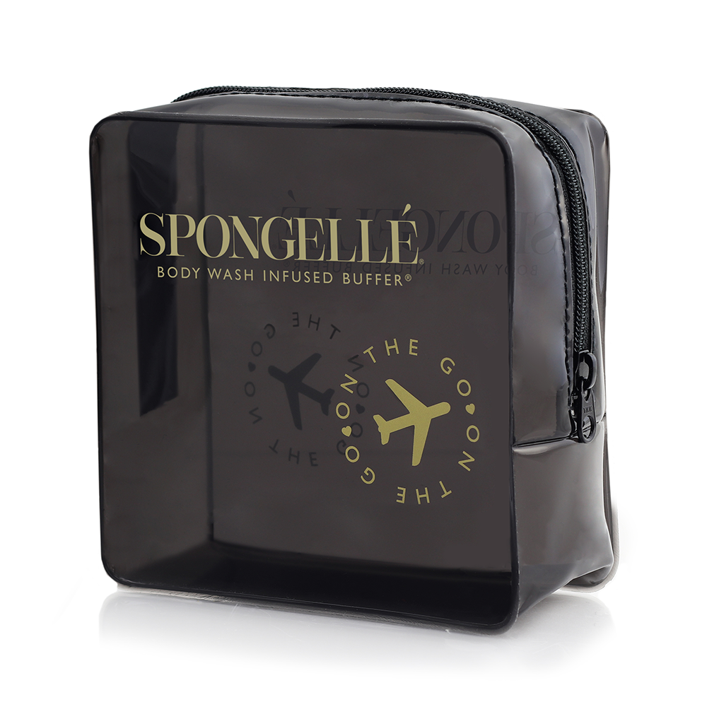 Black Spongellé travel case with zipper closure, compact design, ideal for storing toiletries and travel essentials.