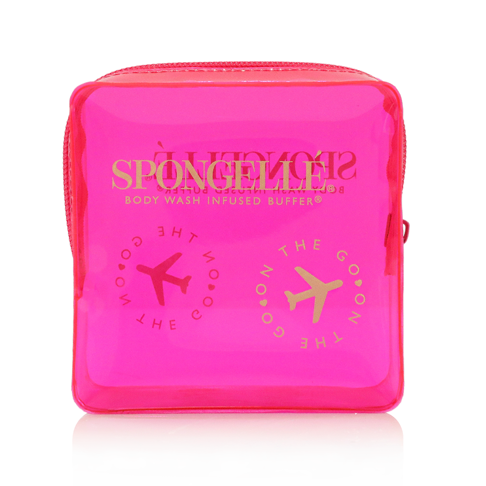 Pink Spongellé travel case with a compact, soft exterior and zipper closure for convenient on-the-go storage of personal items.