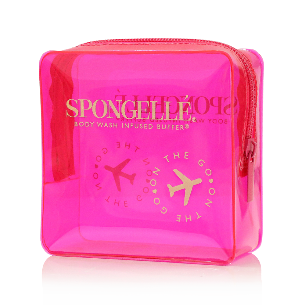 Pink Spongellé travel case with a sleek, compact design ideal for storing toiletries and travel essentials.
