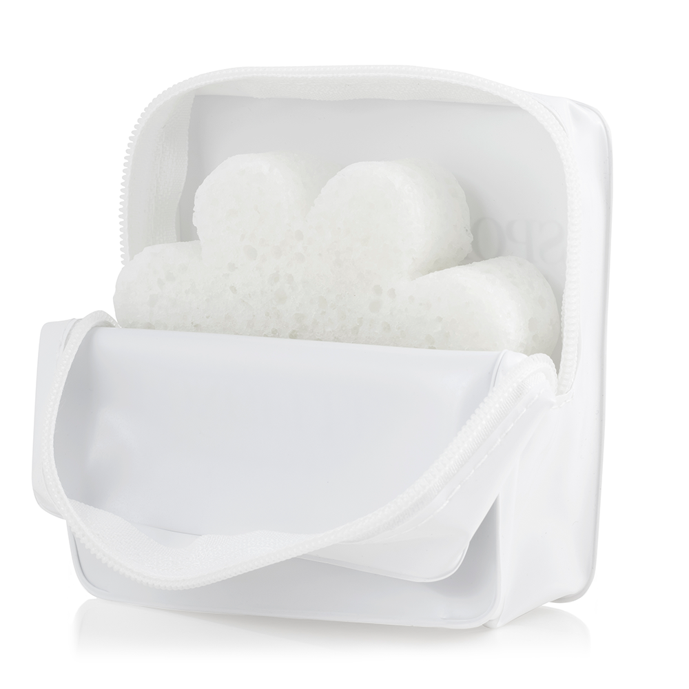 White Spongellé travel case with a sleek, compact design for storing toiletries and essentials during travel.
