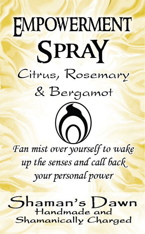 Shamans Dawn Empowerment Spray, a natural spray bottle with a colorful label, designed for boosting confidence and positive energy.