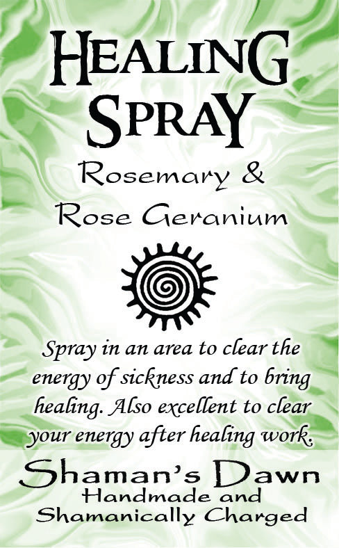 Shamans Dawn Healing Spray shown in a clear spray bottle with a white cap, designed for natural healing and wellness.