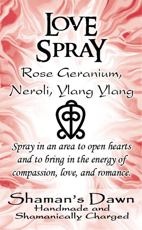 Shamans Dawn Love Spray in a sleek spray bottle, designed for aromatic and romantic scent enhancement.