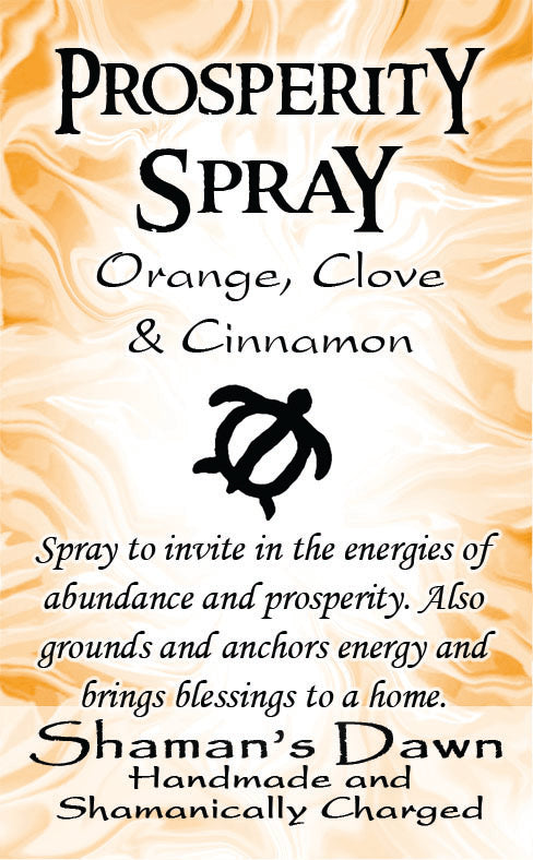 Shamans Dawn Prosperity Spray bottle with a clear spray nozzle, featuring a decorative label and natural design elements.