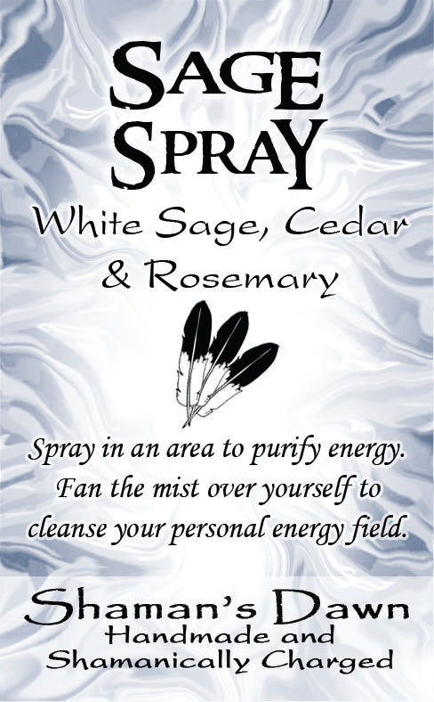 Shamans Dawn sage spray in a clear bottle with a white spray nozzle, designed for smudging and cleansing purposes.