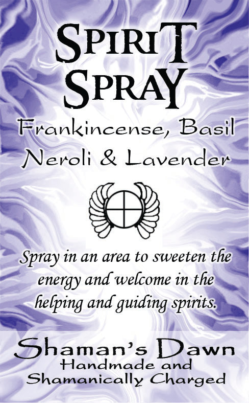 Shamans Dawn Spirit Spray bottle with a sleek design, labeled as a natural aromatic spray for spiritual purposes.