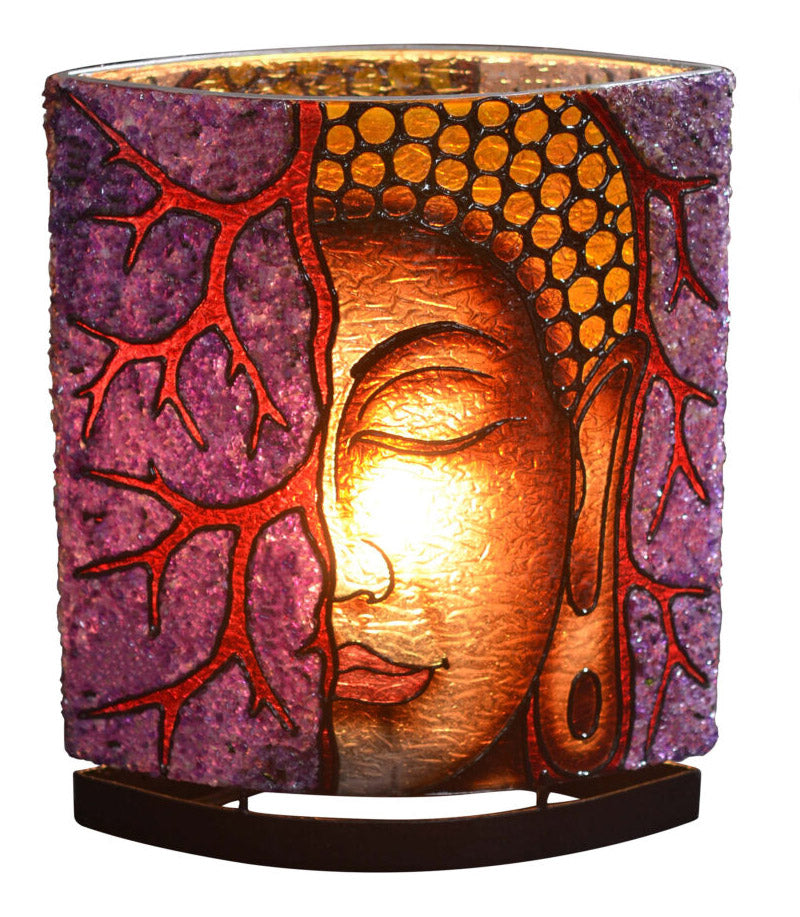 Starborn Creations meditation table lamp featuring an amethyst and Buddha face motif with LED bulb on dimmer plug.