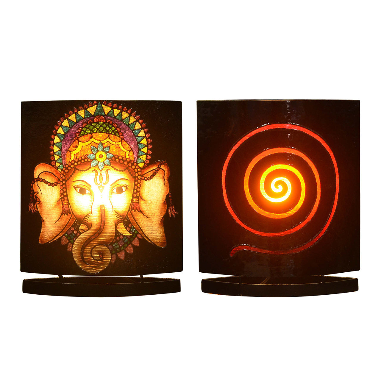 Starborn Ganesha table lamp with headdress motif, gemstones, LED bulb, dimmer plug, by Starborn Creations.