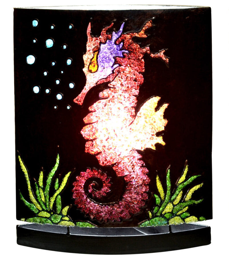 Starborn Creations seahorse table lamp with seaweed and gemstone motifs, LED bulb, dimmer switch, and plug.