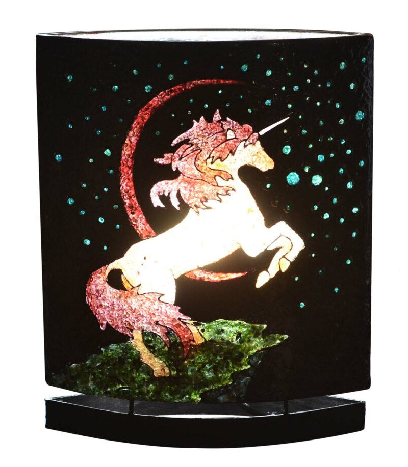 Starborn Creations unicorn motif table lamp with gemstones and LED bulb, featuring a whimsical design and colorful accents.