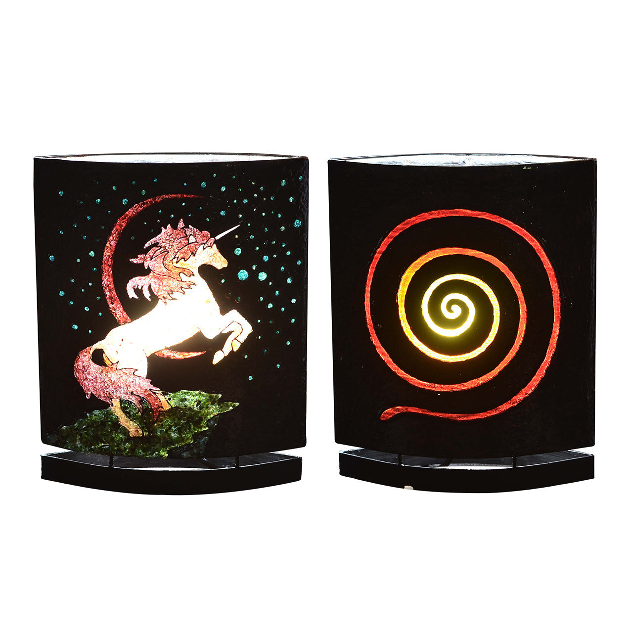 Starborn Creations unicorn motif gemstone table lamp with LED bulb, featuring colorful gemstones and whimsical unicorn design.
