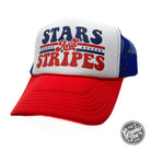 Stars and Stripes Foam Trucker Cap by The Graphic Tee featuring a patriotic stars and stripes design and adjustable mesh back.
