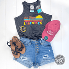 Graphic tank top for women featuring sun rays and lake wave design by The Graphic Tee.